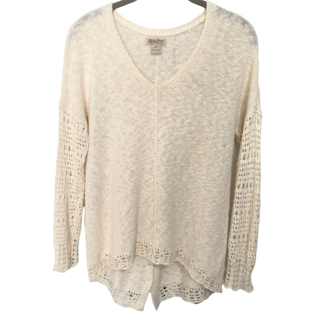 Lucky Brand Ivory Pullover Sweater Womens Sz M V Neck Open Knit Sleeves Buttons